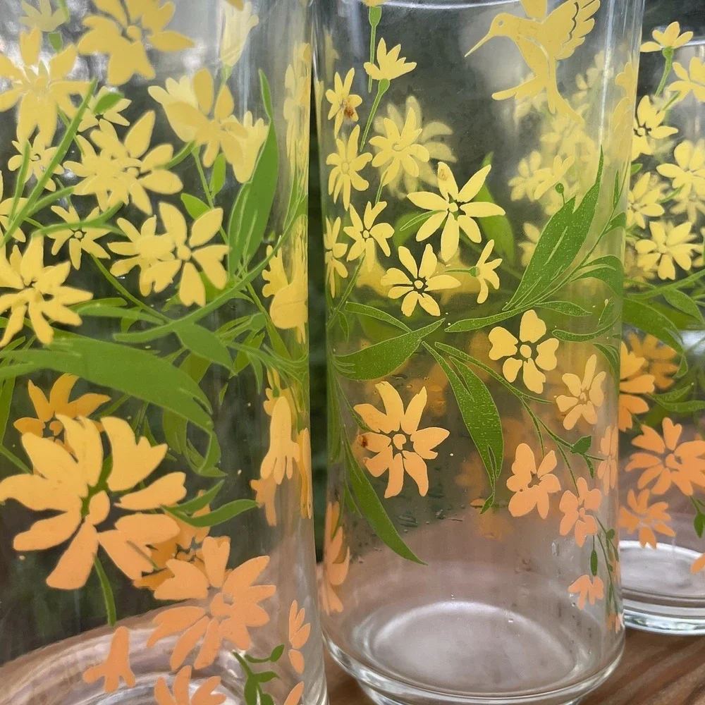 Vintage Hummingbird Floral Drinking Glasses Set 4 Yellow Orange Retro Tumblers